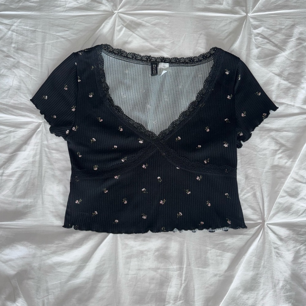 H&M Black Embellished Crop Blouse